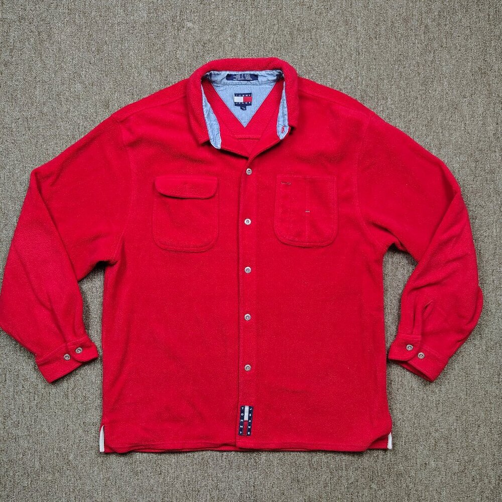 Vintage TOMMY JEANS Fleece Shirt Men's XL Red Button Up Long Sleeve Polyester